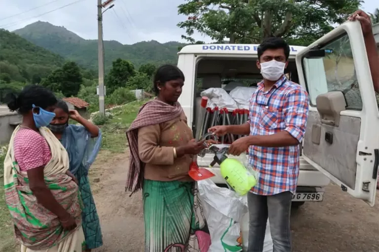 The farmers were provided garden spade, sprayer, reflective ribbon etc.